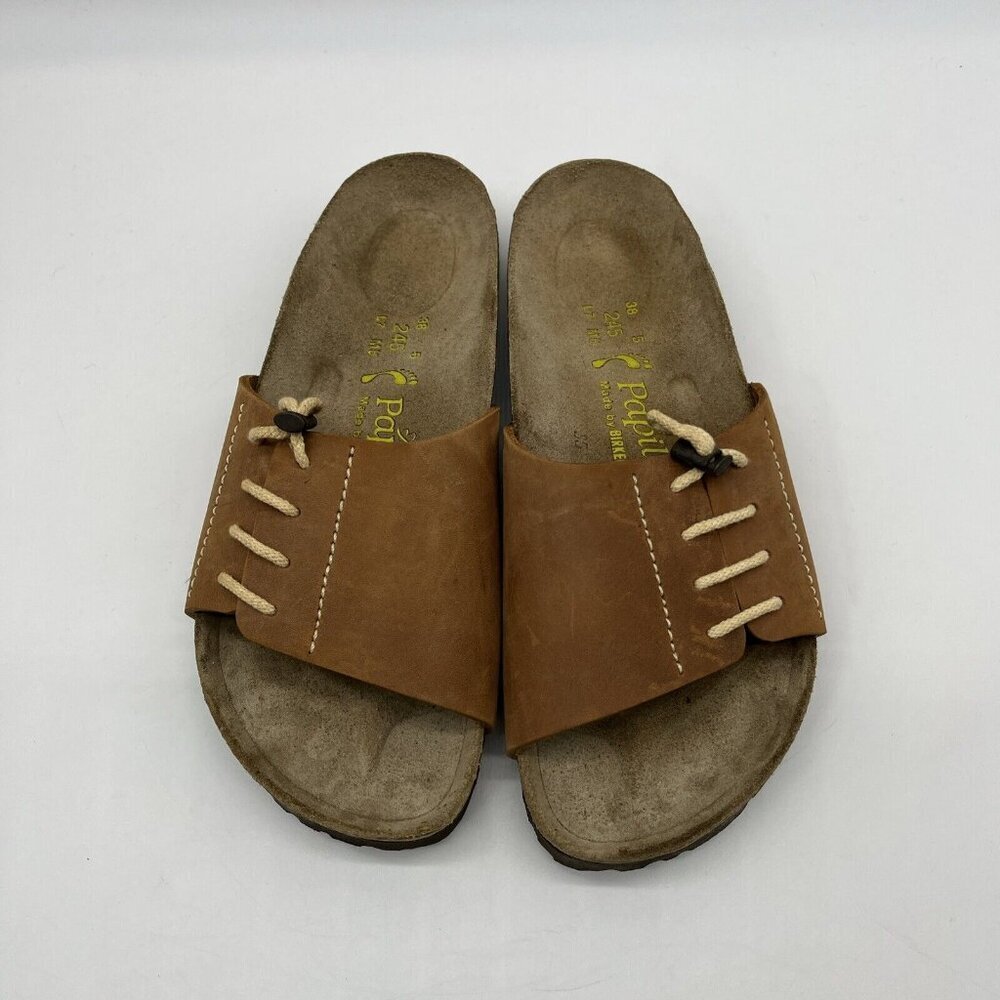 Vtg Birkenstock Papillio Leather Laced Wide Band Slides Womens 7 (38) Brown - Picture 7 of 11
